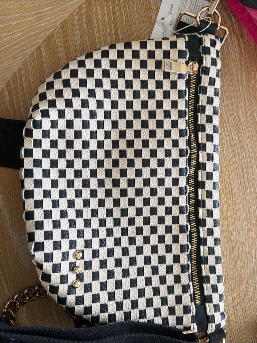 Black & White Checker Crossbody Saddle Bag with Gold Trim